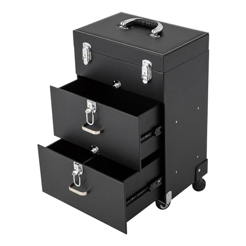PalaUha Rolling Makeup Train Case Professional Cosmetic Organizer Trolley with Drawers Compartment Nail Case Wheeled Manicure Pedicure Storage Case for Hair Stylists Makeup Artists (Black & Silver B)