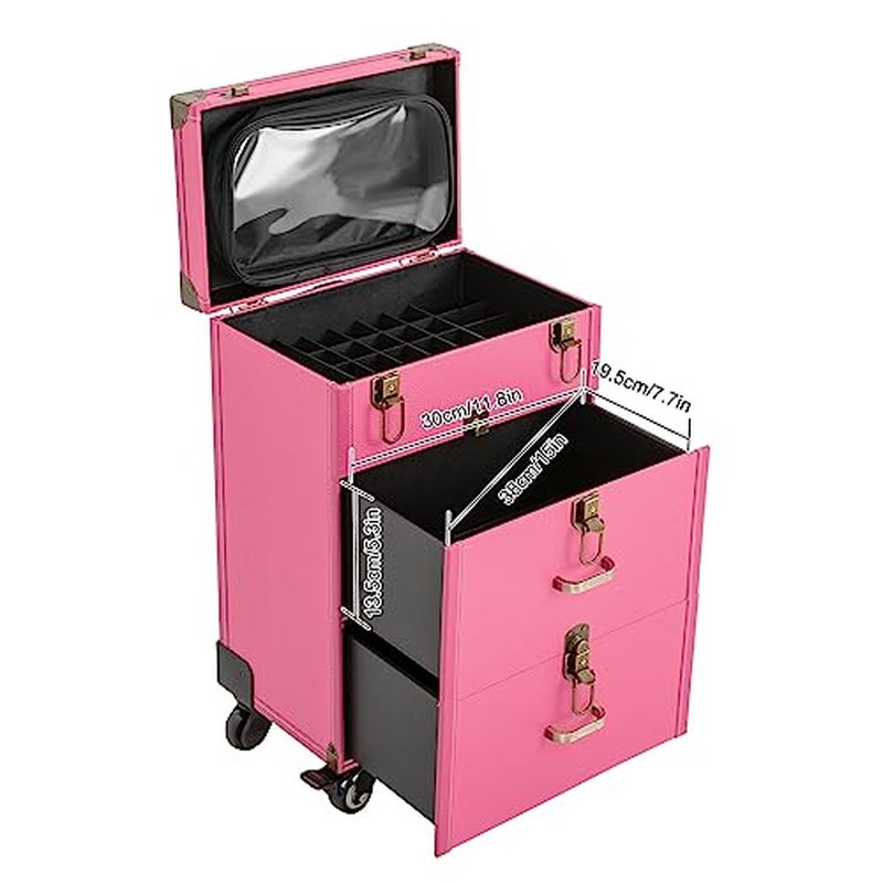 PalaUha Rolling Makeup Train Case Professional Cosmetic Organizer Trolley with Drawers Compartment Nail Case Wheeled Manicure Pedicure Storage Case for Hair Stylists Makeup Artists (Pink & Copper)
