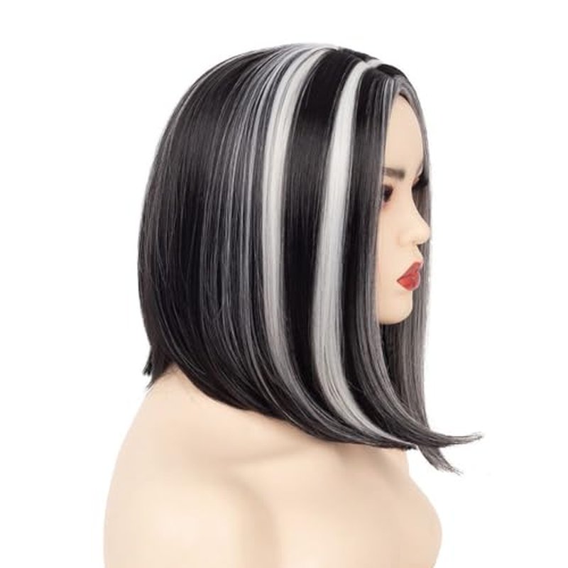 Salaibs Black White Bob Wigs for Women Straight Short Wig with White Highlight Synthetic Middle Part Heat Resistant Hair Wig for Daily Party Use