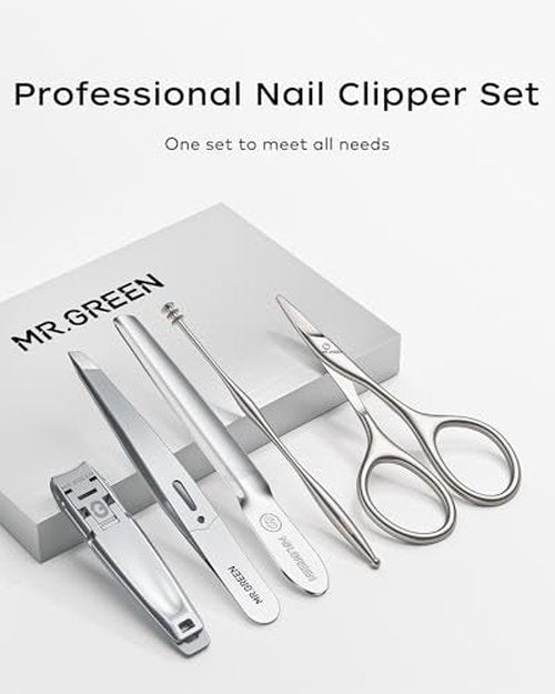 MR.GREEN Nail Clippers, 5PCS Nail Clipper Set with Ultra-Thin Fingernail Clippers,Nail File, Tweezers, Scissors, Professional Manicure Set for Men and Women, Nail Cutter with Leather Case (Blue)