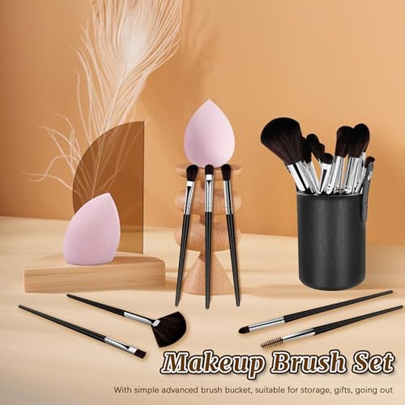 Makeup Brush Set, 14 Pcs Makeup Brushes with 2 Beauty Blenders, Travel Makeup Brush Set for Foundation, Concealer, Blush and Eyeshadow Brush(Black)