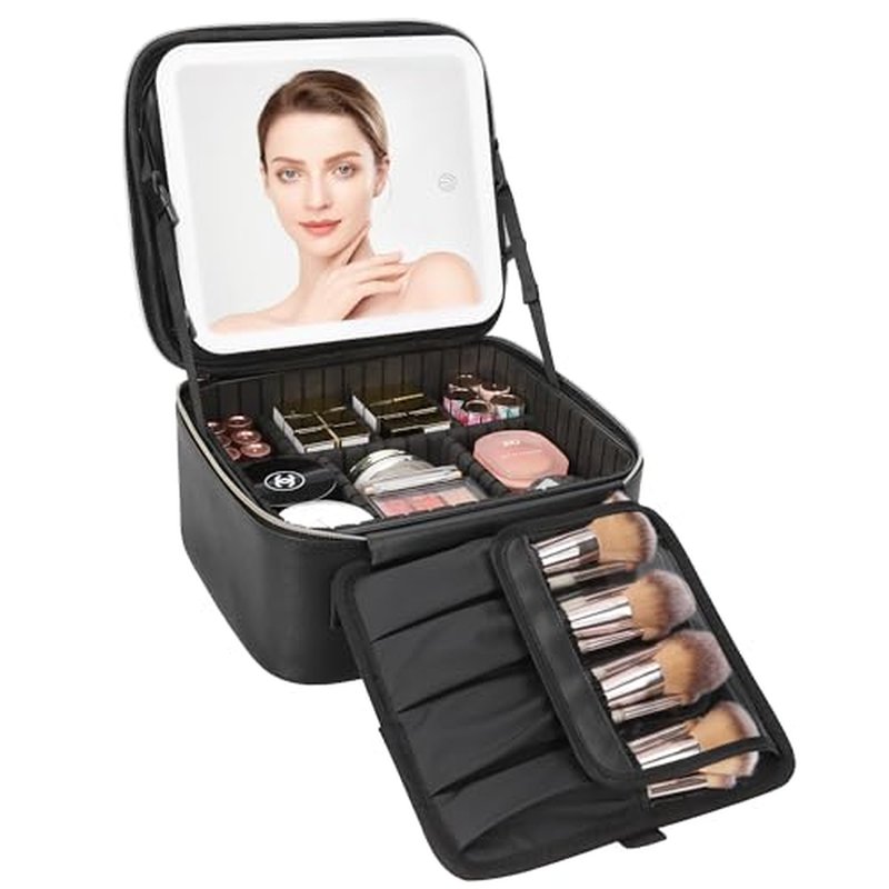 Relavel Makeup Train Case With LED Mirror, Professional Travel Cosmetic Bag with Removable Partitions, 2-Layer Makeup Bag, 3 Color Brightness Makeup Organizer, Rechargeable Vanity for Women, Pink