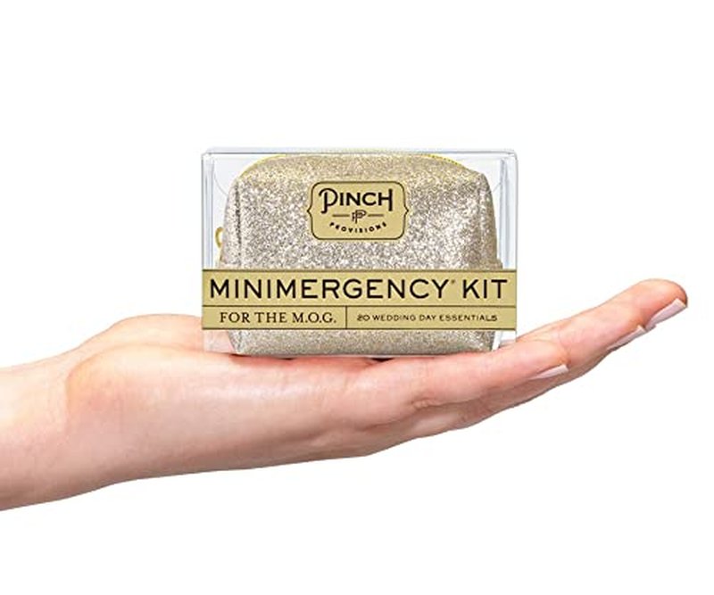 Pinch Provisions Minimergency Kit for M.O.G, Includes 20 Must-Have Emergency Essentials for The Big Day, Compact, Multi-Functional Zipper Pouch, Survival Kit for Mother of Groom - Champagne Glitter