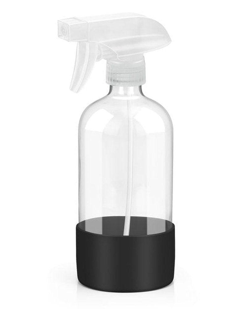 Roinisor Glass Spray Bottles with Silicone Sleeve Protection, Empty 16OZ Reusable Spray Bottles, Refillable Containers with Spray Nozzles for Cleaning Solutions, Plants and Essential Oils 1 Pack Black