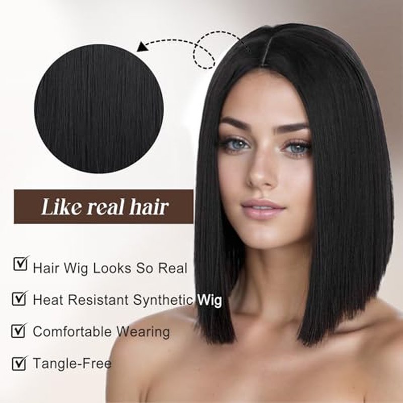SUKRI Black Bob Wigs for Women Short Straight Bob Wigs with Bangs Middle Part Synthetic Cosplay Costume Party Wigs