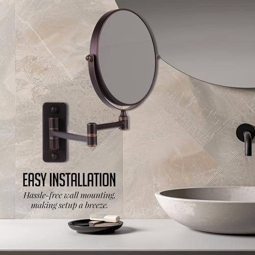 OVENTE 7" Wall Mounted Makeup Mirror with 1X/10X Magnification, Double Sided Magnifying Round Bathroom Vanity Mirror, 360° Swivel Design, Extendable and Folding Arm, Nickel Brushed MNLFW70BR1X10X