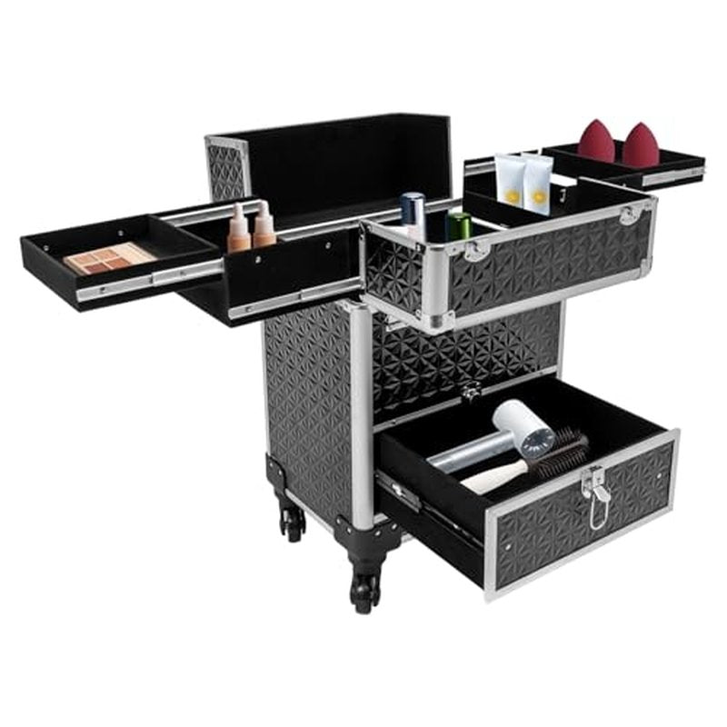 Rolling Nail Case Wheeled Manicure Storage Case, Professional Cosmetology Case, Large Cosmetic Trolley Travelling Cart Trunk with Locks and Drawers, Makeup Case with 4 Universal Wheels (Black+Sliver)