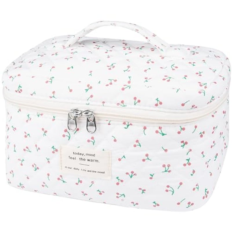 Big Cute Makeup Bag for Women, Large Travel Floral Cotton Cosmetic Bag, Coquette Aesthetic Quilted Toiletry Organizer Bag (White floral)