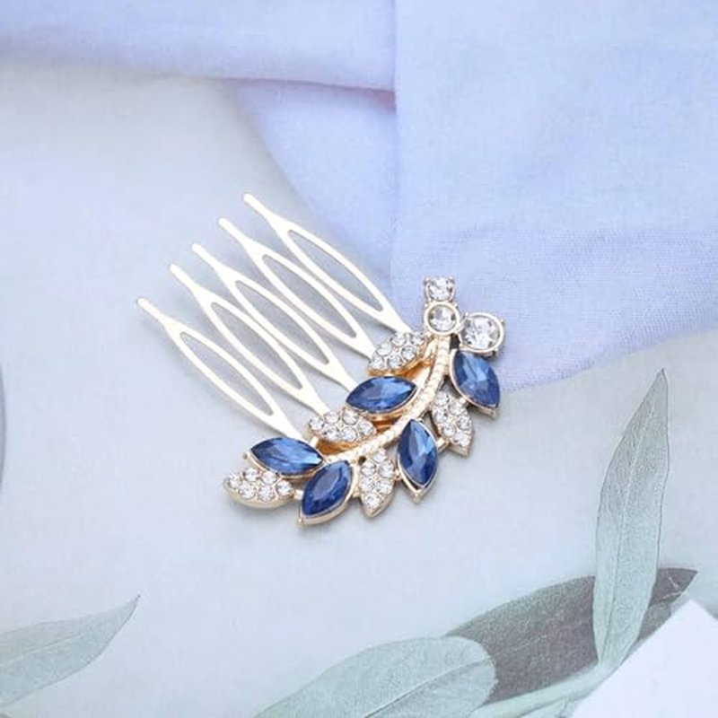 Yheakne Vintage Rhinestone Crystal Hair Comb Blue Crystal Wedding Headpieces Rhinestone Side Comb Hair Clip Hair Gold Cz Leaf Comb Barrette Bridal Headwear Accessories Jewelry for Women (Gold)