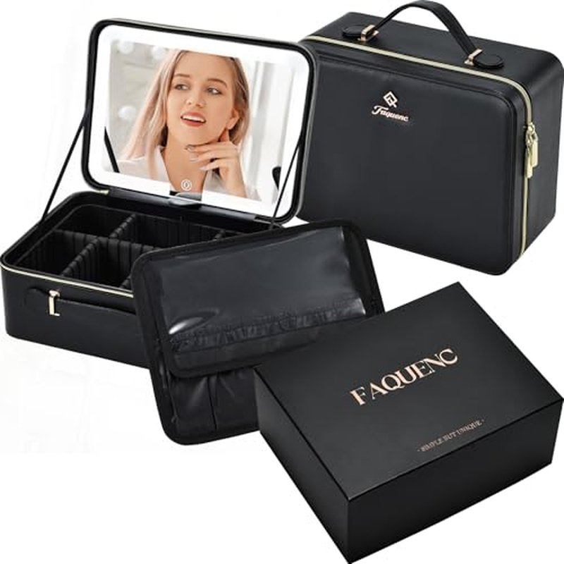 Faquenc 11.4 Inch Extra Large Makeup Bag with LED Lighted Mirror Leather Cosmetic Train Case Light up Mirror Portable Makeup Artist Storage Bag with Dividers Makeup Brush Holder Present Box Black