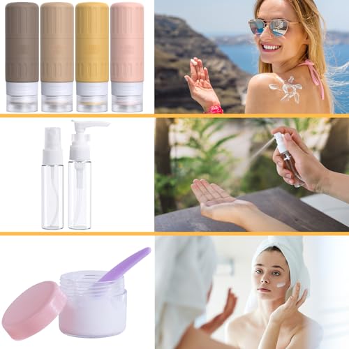 GLAMFIELDS Travel Bottles for Toiletries,TSA Approved 3.3oz Size LeakProof Silicone Toiletry Containers for Shampoo, Conditioner,Easy to Squeeze，Portable Travel Essentials for Lotion(18 Pack) Apricot