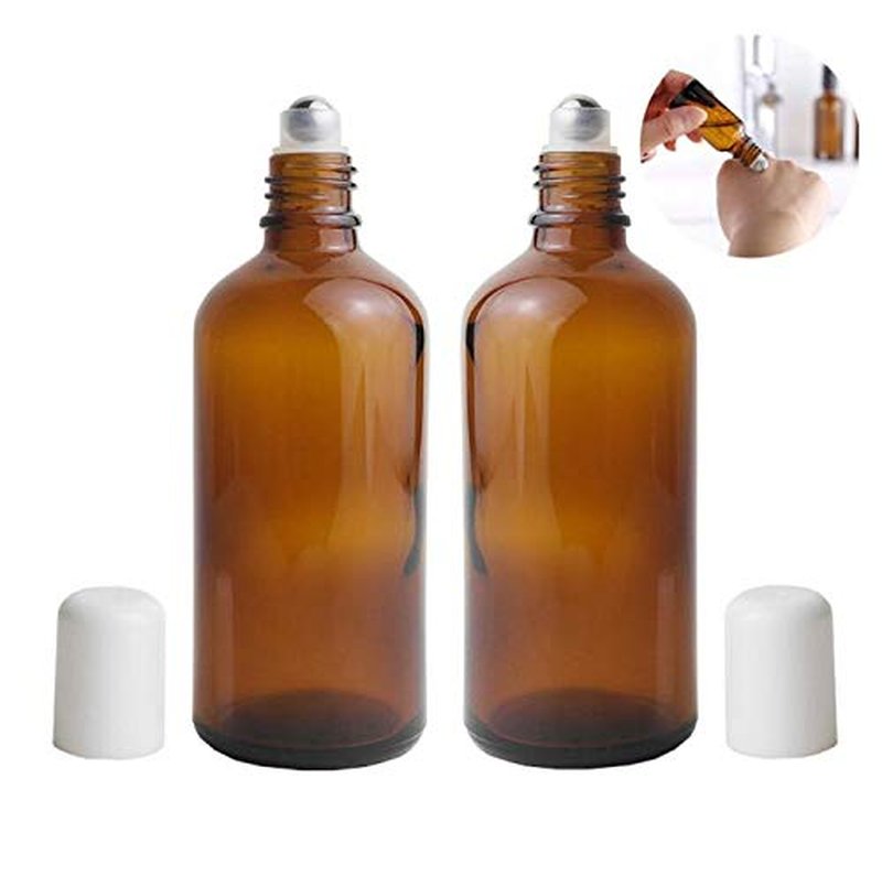3PCS 100ml Empty Refillabl Amber Glass Roller Bottle With Stainless Steel Balls And White Screw Cover For Essential Oil Lip Balms Perfume