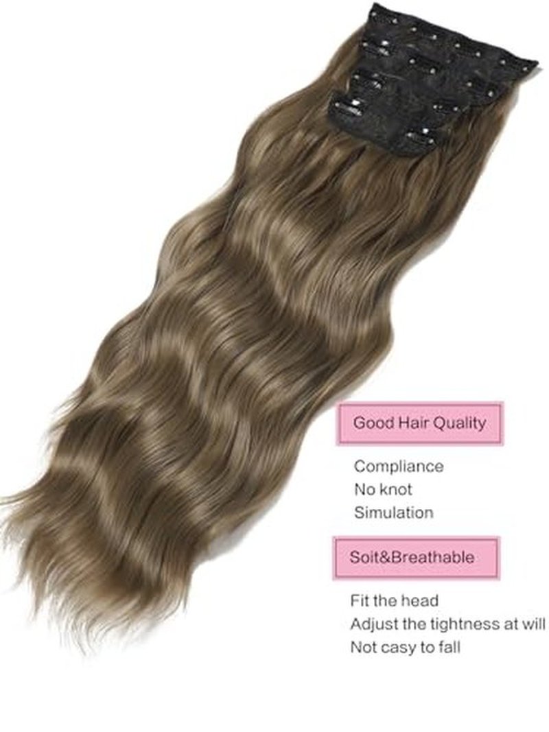 Blonde Hair Extensions, 20inch 4PCS Long Wavy Curly Clip in Hair Extensions Natural Soft Synthetic Hairpieces for Women (Golden Chesinuf Brown)
