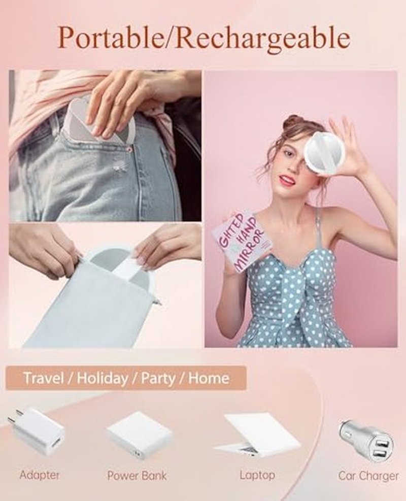 FASCINATE Handheld Mirror with Lights, Perfect for Travel, Compact, Pocket, Purse, Folding