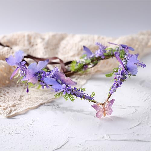 MOSTORY Purple Fairy Butterfly Crown - Handmade Flower Headpiece Floral Elf Tiara Woodland Circlet for Women Girls Spring Wedding Renaissance Party Cosplay
