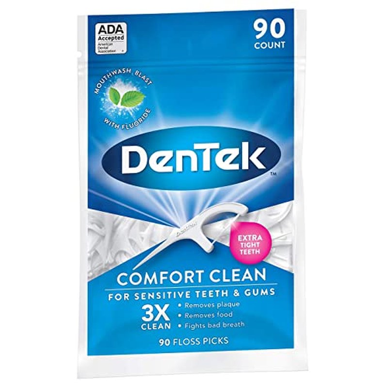DenTek Comfort Clean, Sensitive Gums, Floss Picks, Mouthblast Mint Flavor, Soft and Silky Ribbon, Gentle on Gums, 90 Count in Each Pouch (Pack of 3)