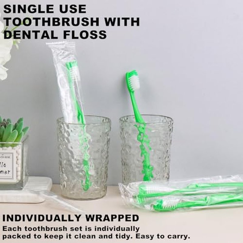 HAIFOTRVA 10 Packs Disposable Toothbrushes with Floss,Green Single Use Individually Wrapped Disposable Travel Toothbrushes and Dental Floss Kit Bulk for Homeless,Airbnb,Hotel,Dentist (10)