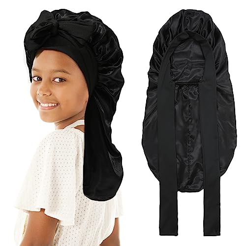 Kids Long Hair Bonnet for Sleeping - Double Layer Girls Elastic Satin Bonnet with Tie Band for Braid Curly Hair(Black)