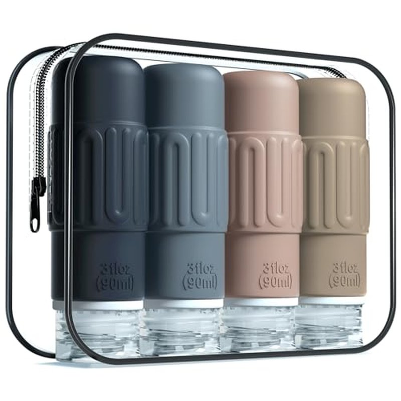 Mrsdry Travel Bottles for Toiletries, BPA Free Leak Proof reusable Silicone Bottles, TSA Approved 3oz Travel Size Bottles, Travel Accessories for Shampoo Soap Liquids with Toiletry Bag (4 Pack)