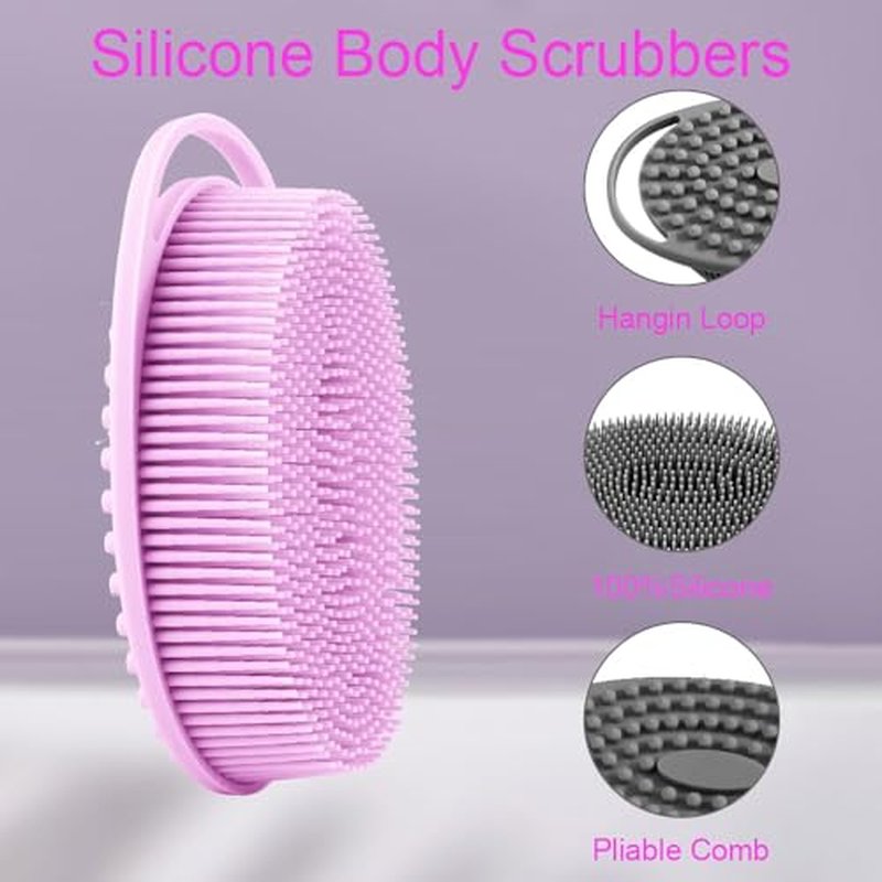 Soft Silicone Body Shower， Exfoliating Silicone Body Scrubber, Silicone Loofah 2 in 1 Bath and Shampoo Brush, Body Scrubber Shower Easy to Clean for Sensitive Skin, Lather Well 2 PCS Black and Purple