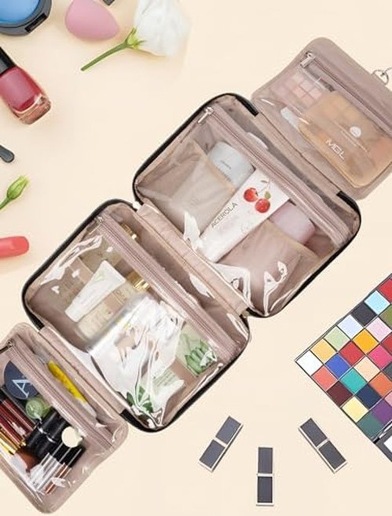 BALULHG Travel Toiletry Bag for Women Large Capacity with Hook - Portable Cosmetic Case,Hanging Makeup Bag for Full Sized ToiletriesTravel Essentials for Business Trips and Camping Beige