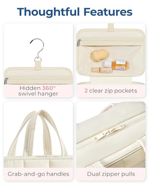 BAGSMART Travel Toiletry Bag with Jewelry Organizer, Hanging Travel Bag for Toiletries, Puffy Makeup Cosmetic Bag Organizer, Carry-on Travel Accessories Essentials, Beige-L