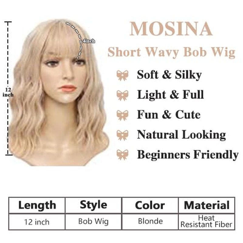 MOSINA Curly Wavy Wig with Bangs for Women,Synthetic 12 inches Light Blonde Short Bob Wigs for Black Women,Heat Resistant Fiber Wig for Suitable for work, parties and other occasions Use