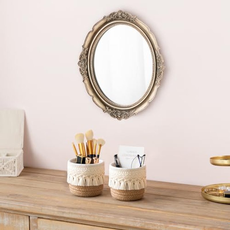 Mkono Macrame Makeup Brush Holder Organizer Comb Brushes Mini Storage Basket Set of 2 Boho Decor Baskets for Pen Pencil Box Container,Yellow and White