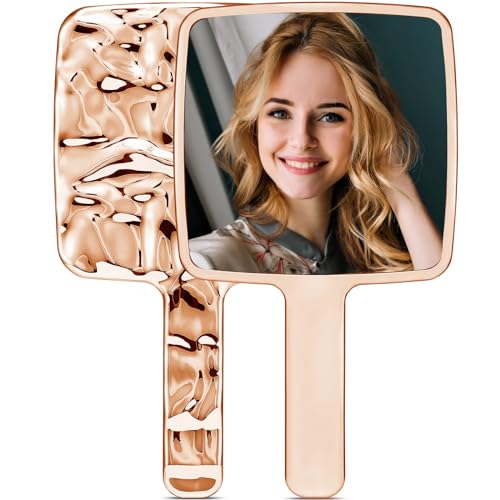 MIRRORNOVA Handheld Mirror, Water Ripples Hand Mirror with Handle for Makeup, Square, Rose Gold, Small (4 x 7 inches)