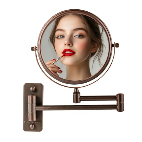 OVENTE 7" Wall Mounted Makeup Mirror with 1X/10X Magnification, Double Sided Magnifying Round Bathroom Vanity Mirror, 360° Swivel Design, Extendable and Folding Arm, Nickel Brushed MNLFW70BR1X10X