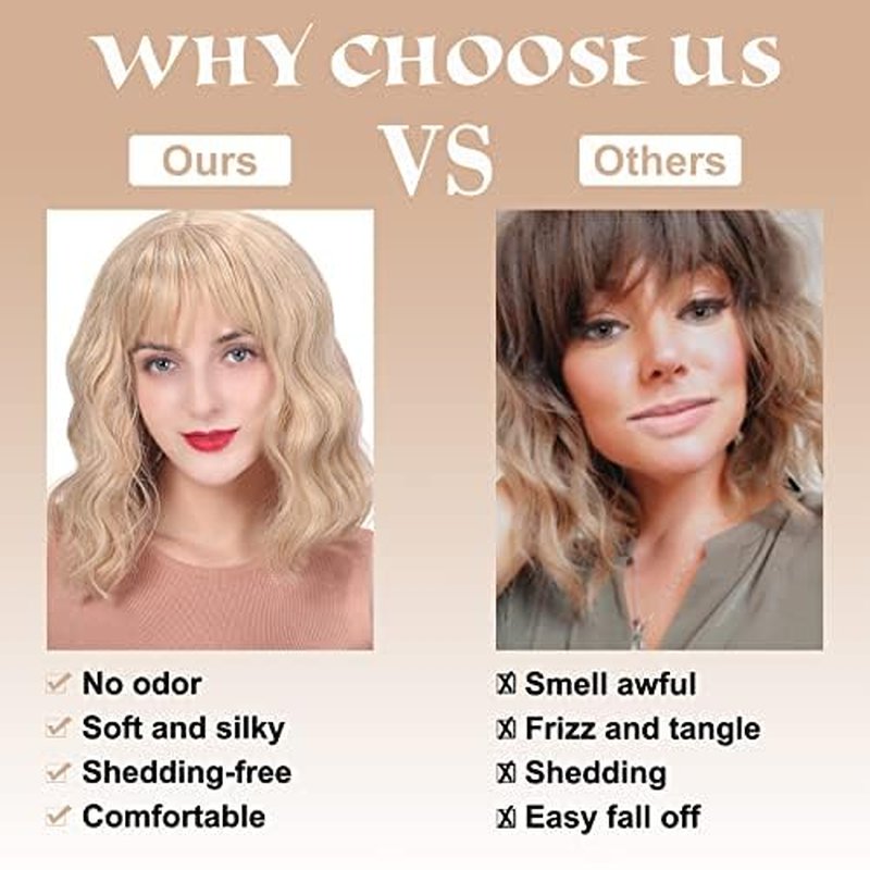 MOSINA Curly Wavy Wig with Bangs for Women,Synthetic 12 inches Light Blonde Short Bob Wigs for Black Women,Heat Resistant Fiber Wig for Suitable for work, parties and other occasions Use