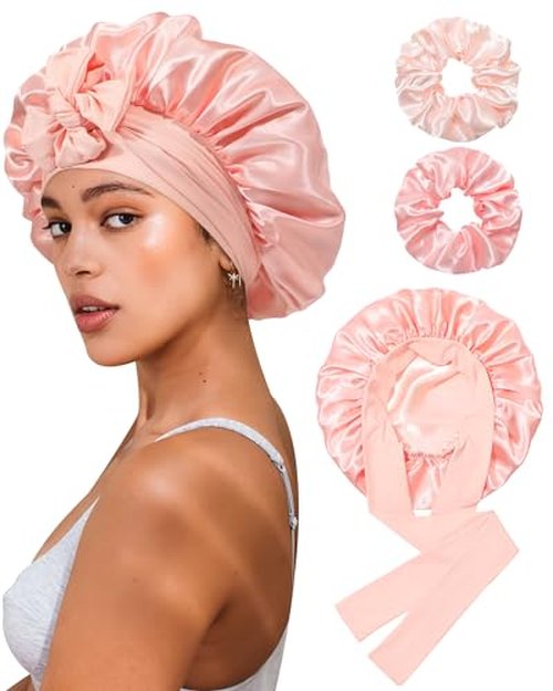 Reversible Satin Bonnet for Sleeping Women Silk Bonnet Double Layer Hair Bonnet with 2PCS Hair Scrunchies Elastic Tie Band Night Cap Hair Wrap for Natural Curly Hair (Apricot Powder+Champagne)
