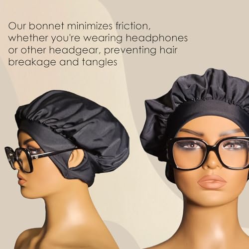 EARTWOEAR Bonnet, Hair Bonnet for Sleeping, Women Sleep Cap Hair Bonnet, Polyester/Lycra Blend Sleep Bonnet, Full Bonnet with Ear Slots (Black)
