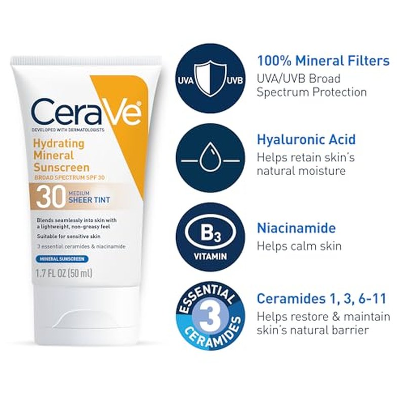 CeraVe Hydrating Mineral Sunscreen SPF 30 with Sheer Tint | Tinted Mineral Sunscreen with Zinc Oxide & Titanium Dioxide | Blends Seamlessly For Healthy Glow | Medium, 1.7 Fluid Ounce