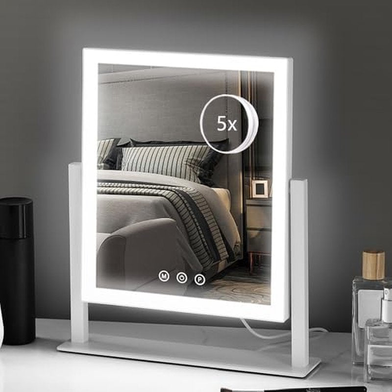 HIEEY Hollywood Vanity Mirror with Lights, Makeup 9 Dimmable Bulbs Three Color Lighting Modes, and 5X Magnification Mirror, Smart Touch Control, 360°Rotation (White)
