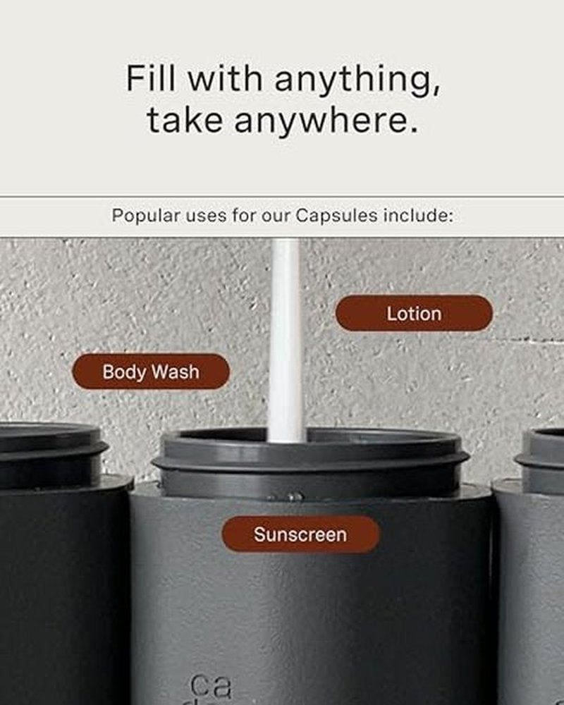 Cadence Travel Containers - Body Care Capsule Set - Magnetic Travel Capsules - For Body Wash, Lotions, Sunscreens - 3 Flex Mediums (1.32oz) with Body Wash, Lotion, & Sun Icon Labels - Charcoal