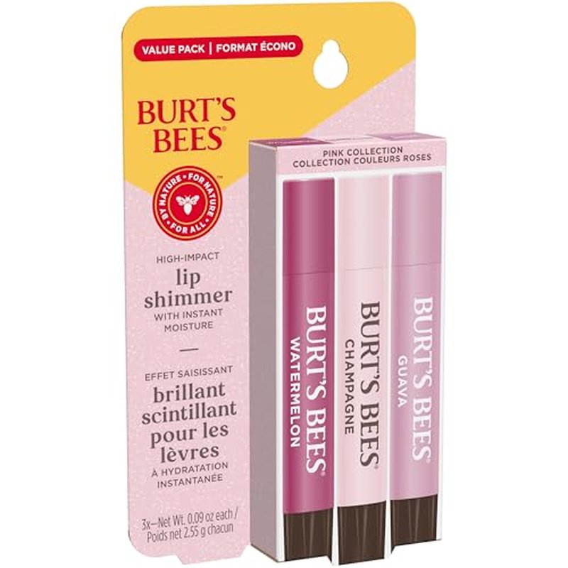 Burt's Bees Lip Shimmer Pink Collection; Luminescent Color; High Impact, Instant Moisture; with Shea and Cocoa Butters; 100% Natural Origin; 3 Shades; Value Pack, 3 Tubes x 0.09 Oz. (Pack May Vary)