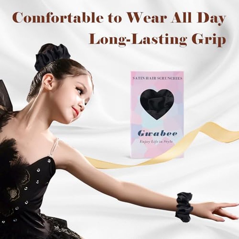 Gwabee 9 Pack Satin Hair Scrunchies for Women, No Damage Hair Ties Soft Scrunchie - Ideal Elastic Ponytail Holders for Curly Thick Hair, 3 Sizes Scrunchies Accessories Set for Women Girls (Black)
