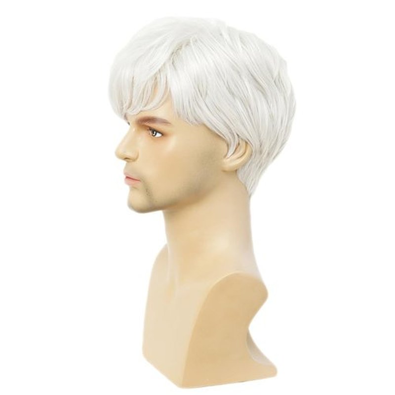Dai Cloud White Short Mens Wig with bangs Layered Synthetic Hair Daily Wigs for Male Use
