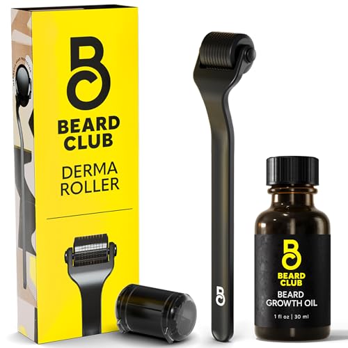 Beard Club Derma Roller & Beard Growth Oil - Microneedling Roller with 540 Titanium Microneedles for Face, Body and Scalp - Beard Roller with Sandalwood & Cedar Beard Oil