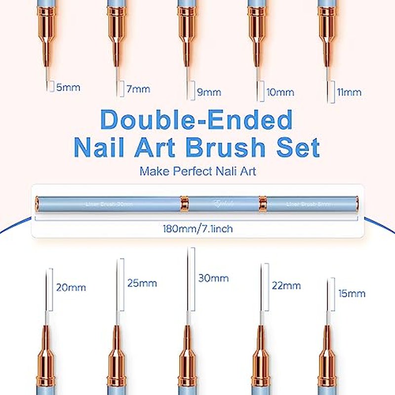 Nail Art Brushes, Double-Ended 10PCS Head Long Nail Art Liner Brushes Nail Design Brushes for Long Lines,Tiny Details,Fine Drawing Nail Brushes for Nail Art,Sizes 5/7/9/10/11/15/20/22/25/30