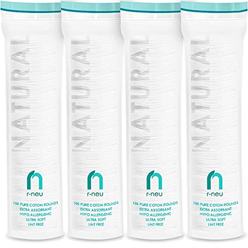 R-Neu Premium [Turkish] Cotton Rounds, 400 Count, Stitched, Waffle Textured, 100% Pure & Natural Cotton Pads for Face, Hypoallergenic Makeup Remover (4 Pack of 100)
