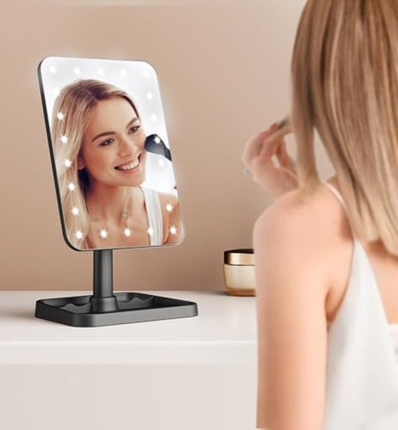 Famihomii Lighted Desk Makeup Mirror, Rechargeable Makeup Mirror with Lights, 360° Rotation Durable Vanity Mirror with Storage, Detachable Design for Bedroom