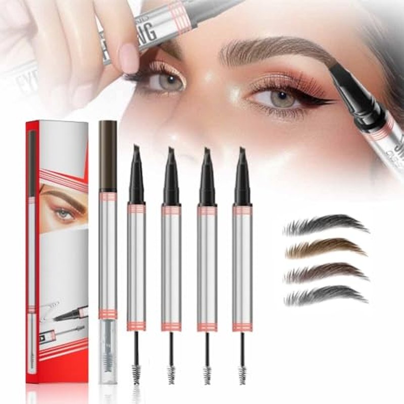 2024 New 2-in-1 Eyebrow Pencil with Gel,Waterproof Magic Eyebrow Pencil,Dual-Ended 3D Microblading Eyebrow Pen with 4 Tip & Eyebrow Brush, Makeup Long-Lasting Eyebrow Pen for Women (4 PCS)