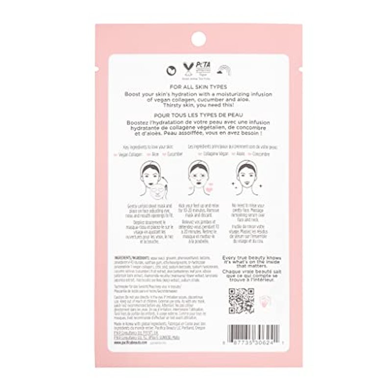 Pacifica Beauty Vegan Collagen Hydrate and Plump Facial Mask, Skincare, Sheet Mask, Cucumber, Aloe, Moisturizing, Hydrating, Face Care, Collagen Face Mask, For Dry Skin and Aging Skin (4 Sheets)