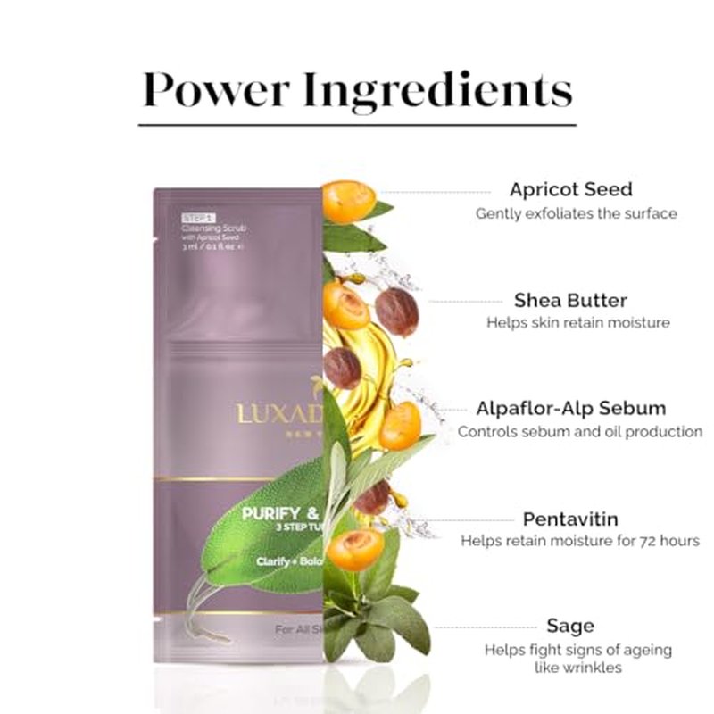 LuxaDerme Purify & Protect 3 Step Tune-Up Kit - Cleansing Scrub, Bio Cellulose Sheet Mask, Booster Cream