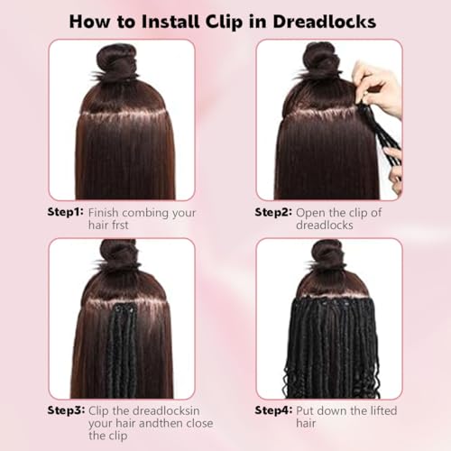 24 Inch Clip in Dreadlock Hair Extensions 10Clips 40 Strands Synthetic Handmade Soft Clip In Dreads Extensions for Women,Pink