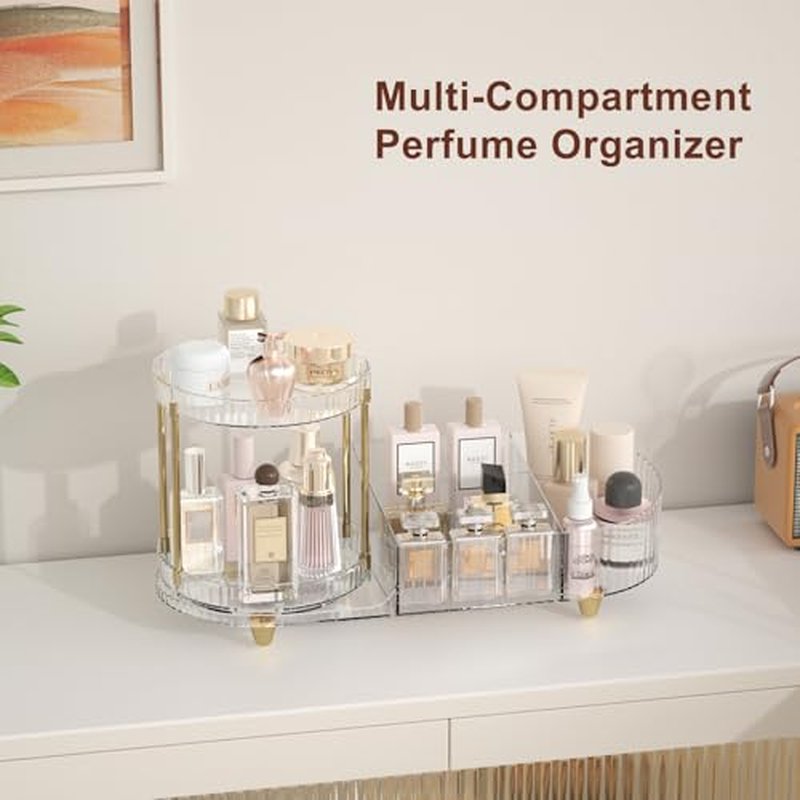 Makeup Organizer Countertop for Vanity with 360 Rotating Perfume Trays, 7-Compartment Skincare Organizers and Make Up Desk Storage, Cosmetic Organizer with Brush Holder for Bedroom Bathroom Counter