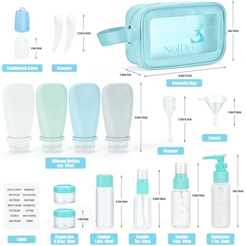 Noideeer 18 Pcs Travel Bottles Set for Toiletries, TSA Approved Travel Size Containers with Bandage Silicone Squeezable for Shampoo Conditioner Lotion Body Wash (Multicolour+Blue Bag)