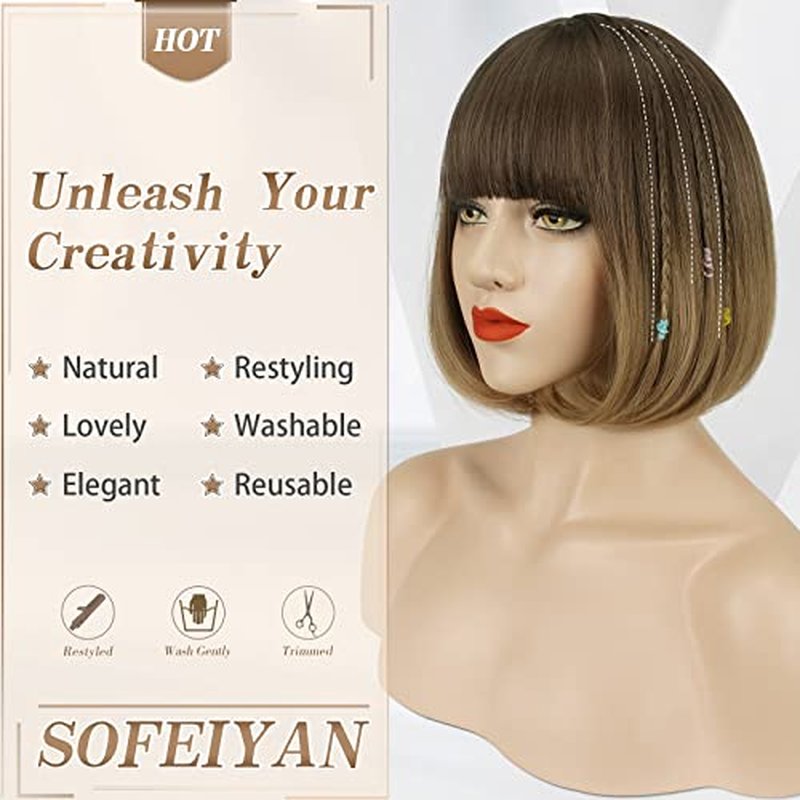 SOFEIYAN Short Straight Bob Wigs with Bangs 11 inch Synthetic Daily Party Cosplay Hair Wig for Black Women, Grey